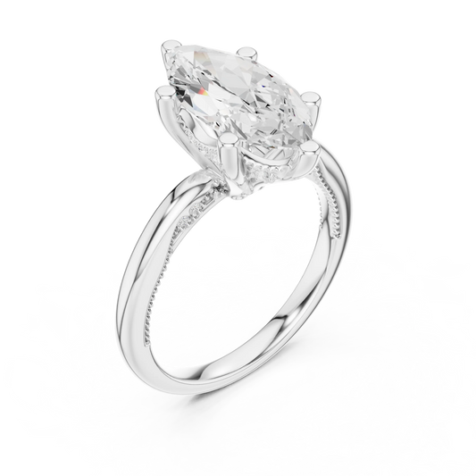 Front view of white gold marquise cut solitaire ring with hidden halo and domed band and lab-created diamond