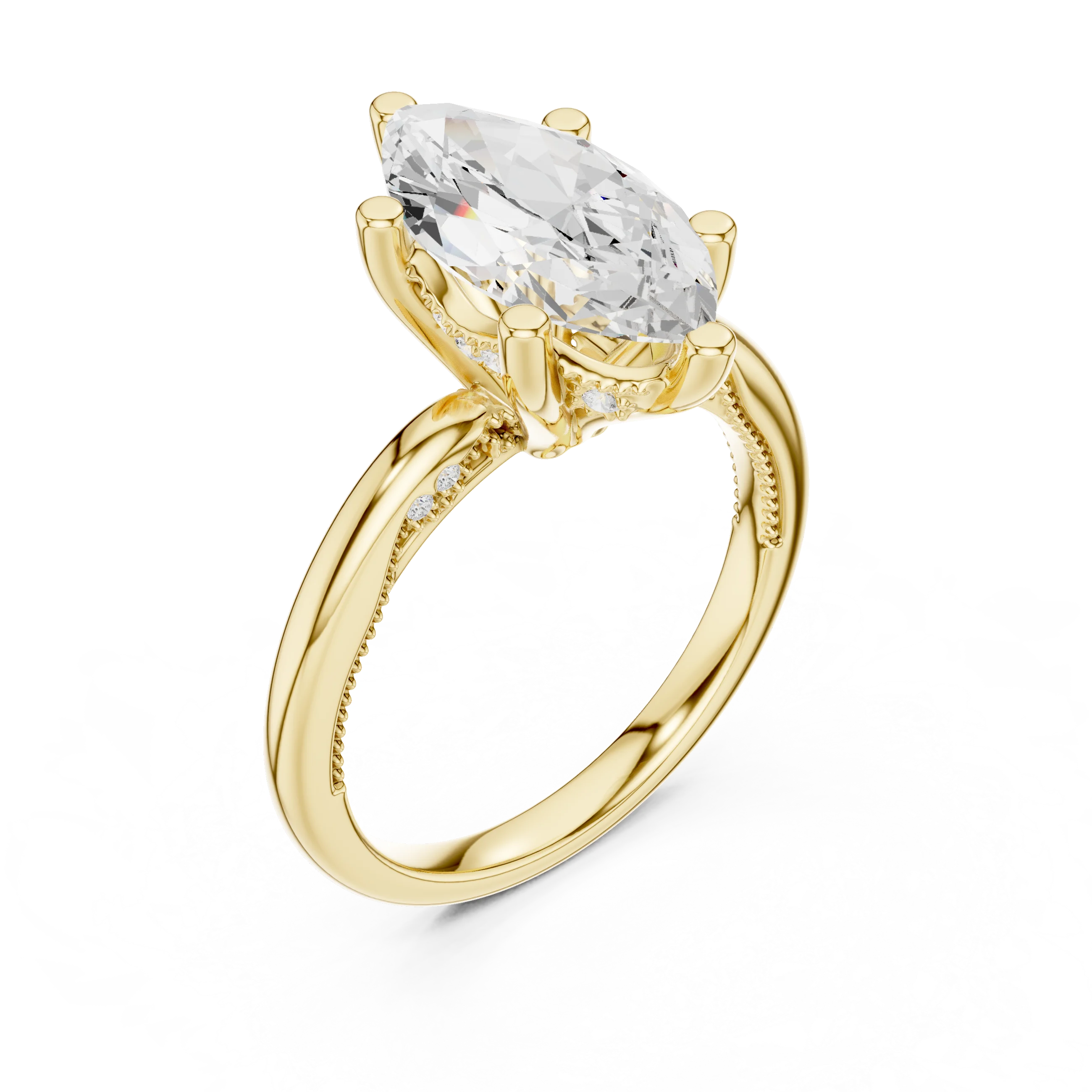 Front view of yellow gold marquise cut solitaire ring with hidden halo and domed band and lab-created diamond