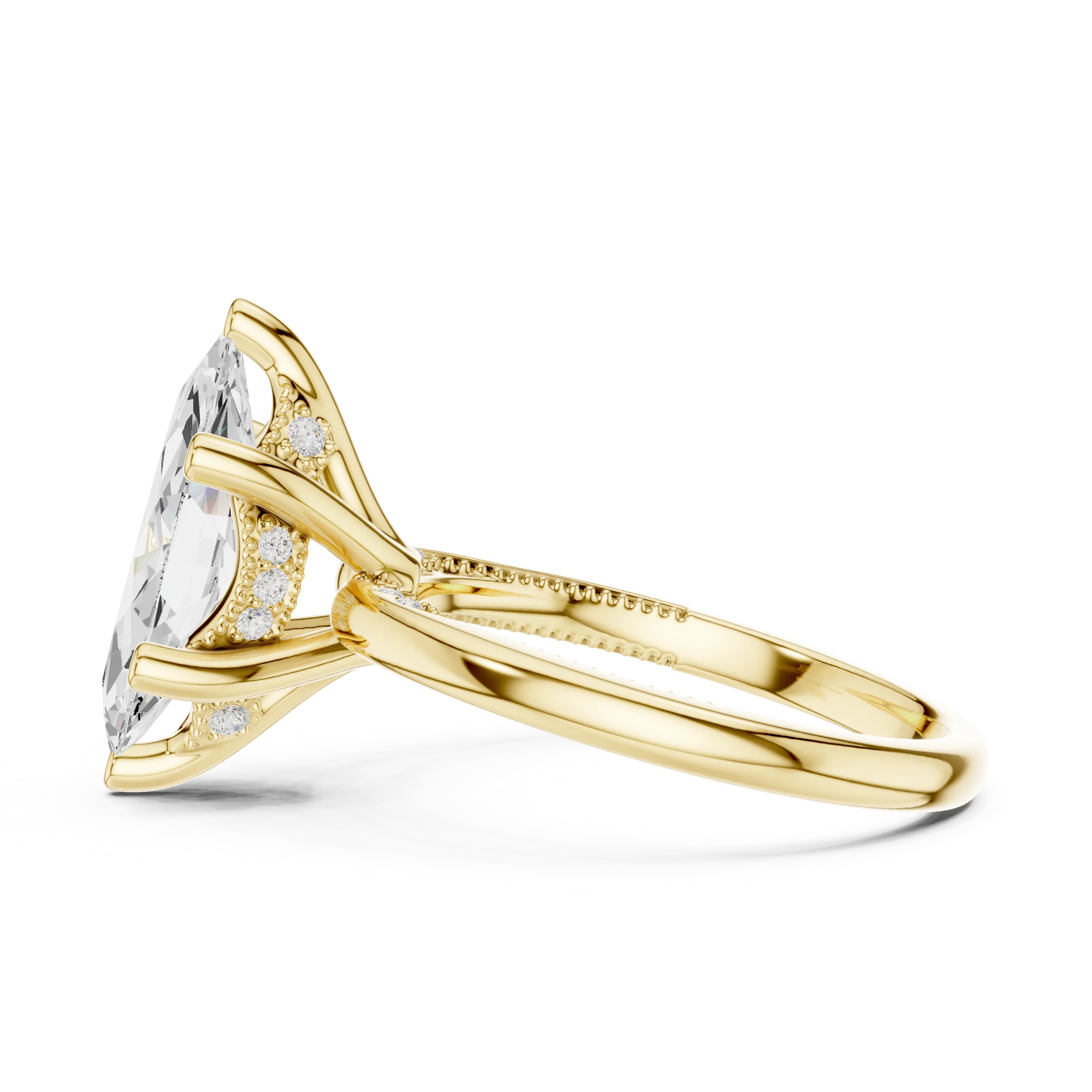 Side view of yellow gold marquise cut solitaire ring highlighting hidden halo and domed band design