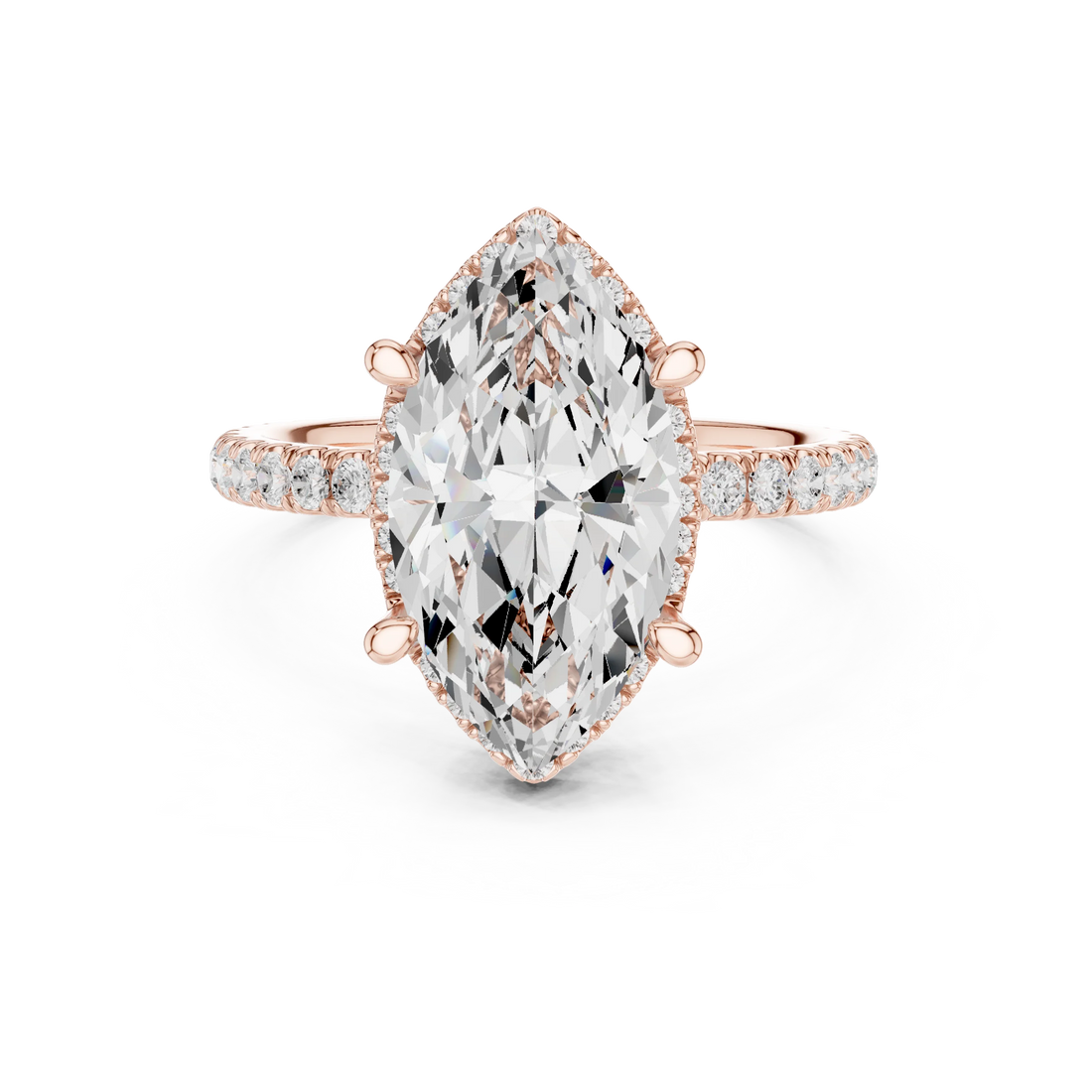 Rose gold marquise cut solitaire ring with hidden halo and thin pavé band featuring lab-grown diamond, modern delicate look