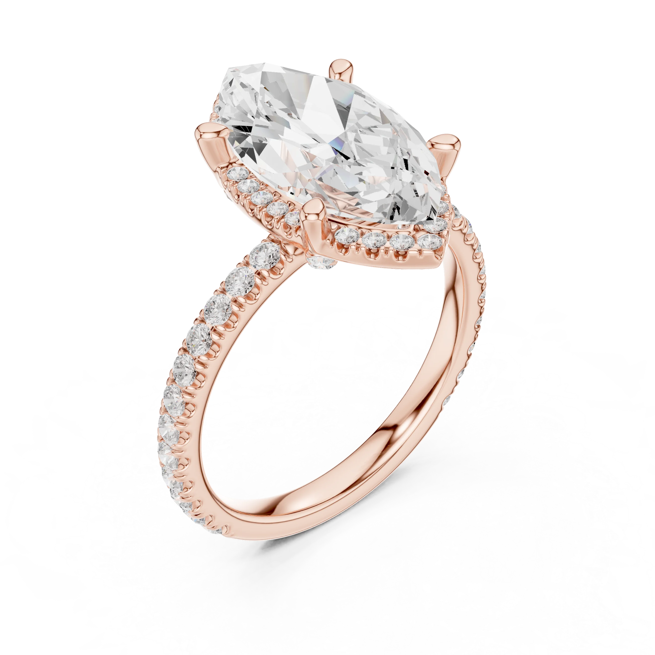 Front view of rose gold marquise cut solitaire ring with hidden halo and thin pavé diamond band and lab-created diamond