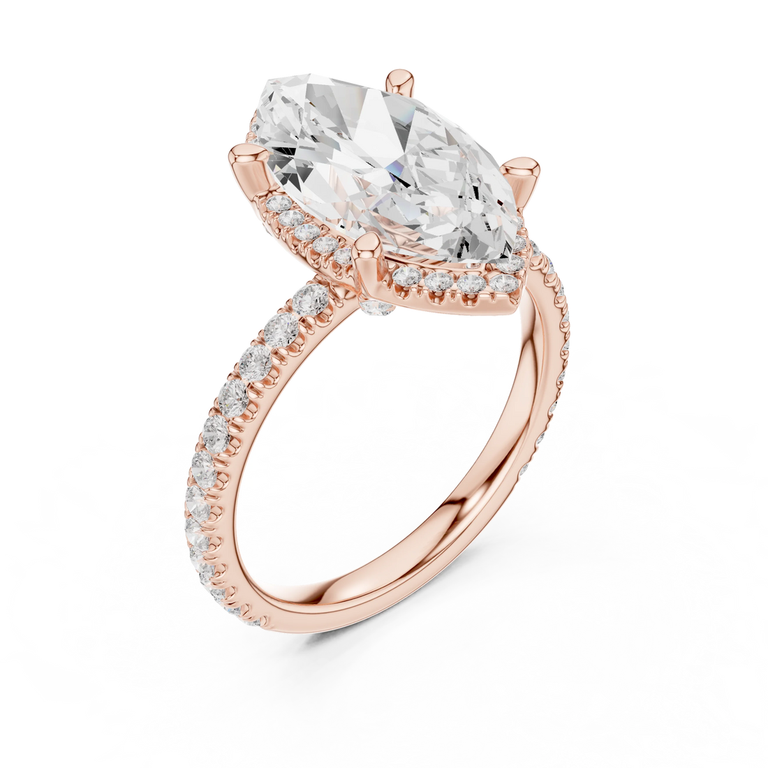 Front view of rose gold marquise cut solitaire ring with hidden halo and thin pavé diamond band and lab-created diamond