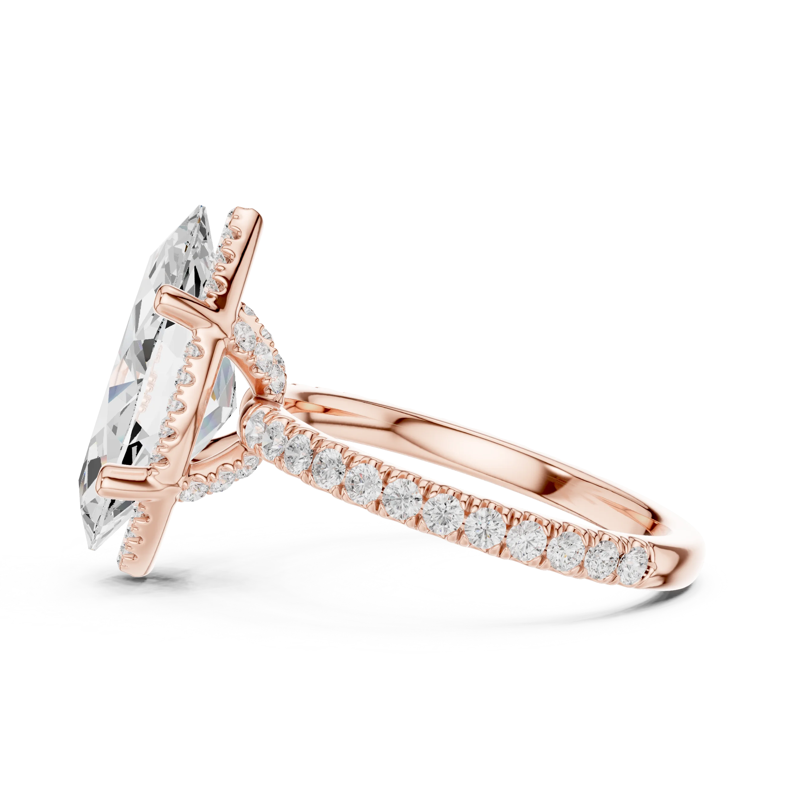 Side view of rose gold marquise cut solitaire ring highlighting hidden halo and thin pavé band design