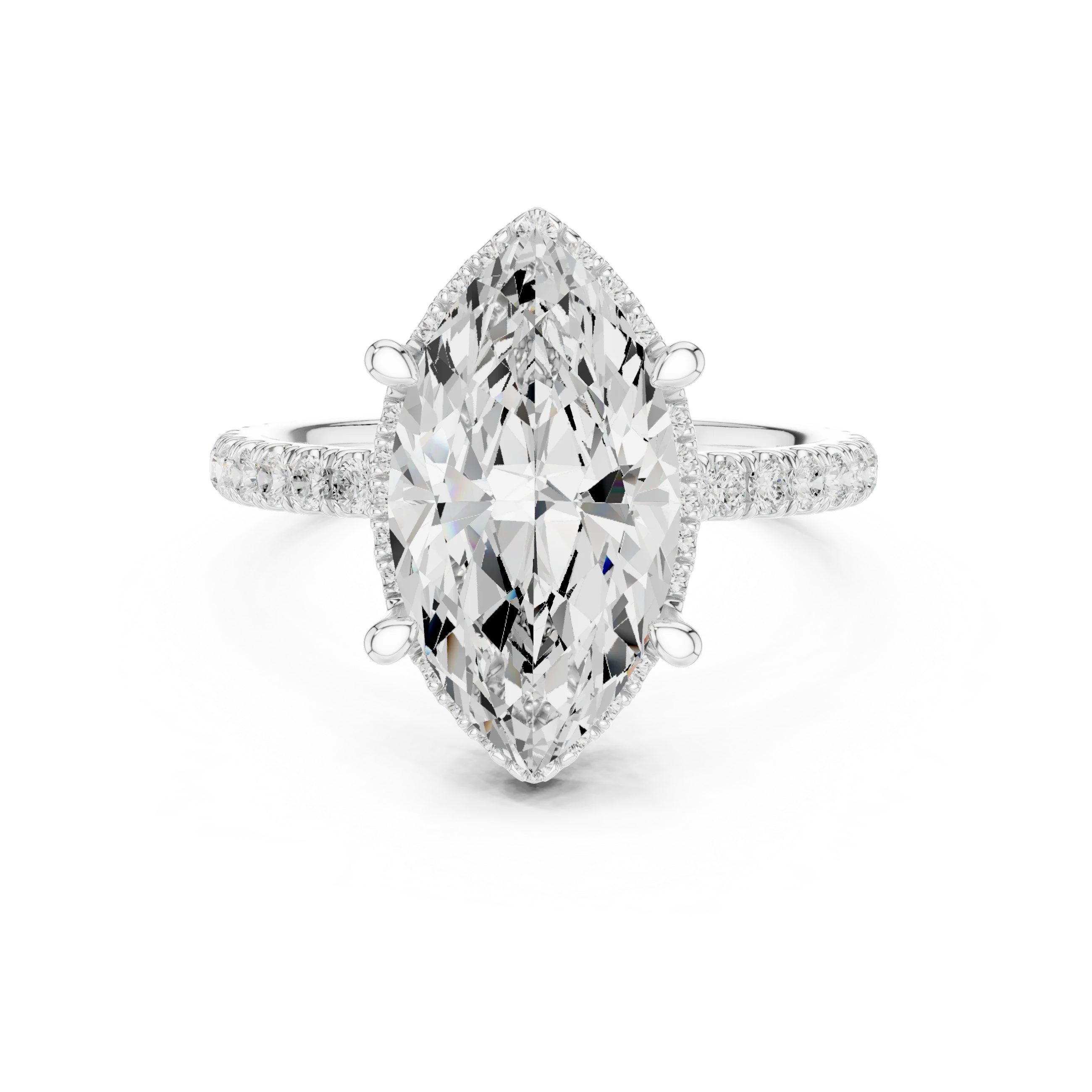 White gold marquise cut solitaire ring with hidden halo and thin pavé band featuring lab-grown diamond, elegant design
