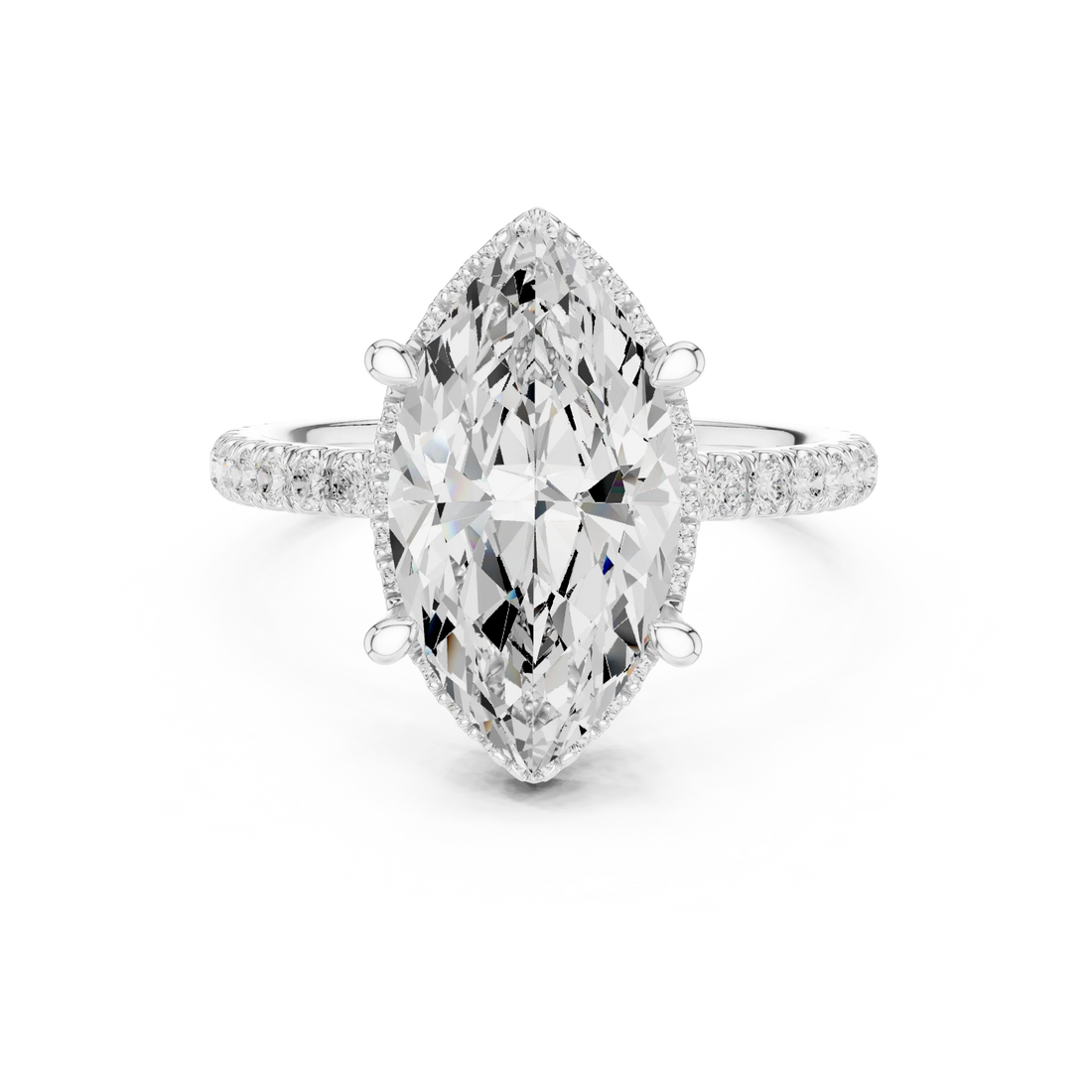 White gold marquise cut solitaire ring with hidden halo and thin pavé band featuring lab-grown diamond, elegant design