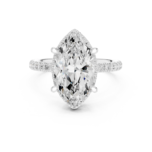 White gold marquise cut solitaire ring with hidden halo and thin pavé band featuring lab-grown diamond, elegant design