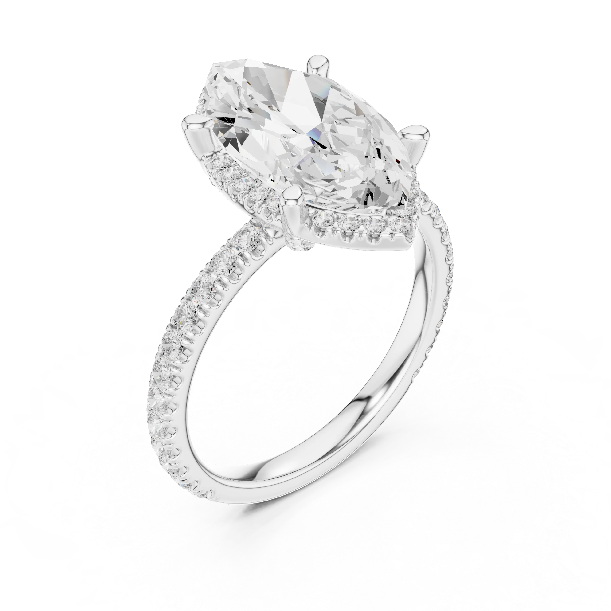 Front view of white gold marquise cut solitaire ring with hidden halo and thin pavé diamond band and lab-created diamond