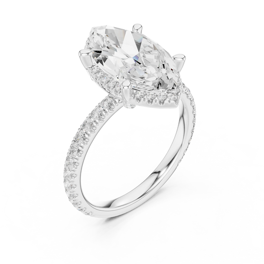 Front view of white gold marquise cut solitaire ring with hidden halo and thin pavé diamond band and lab-created diamond