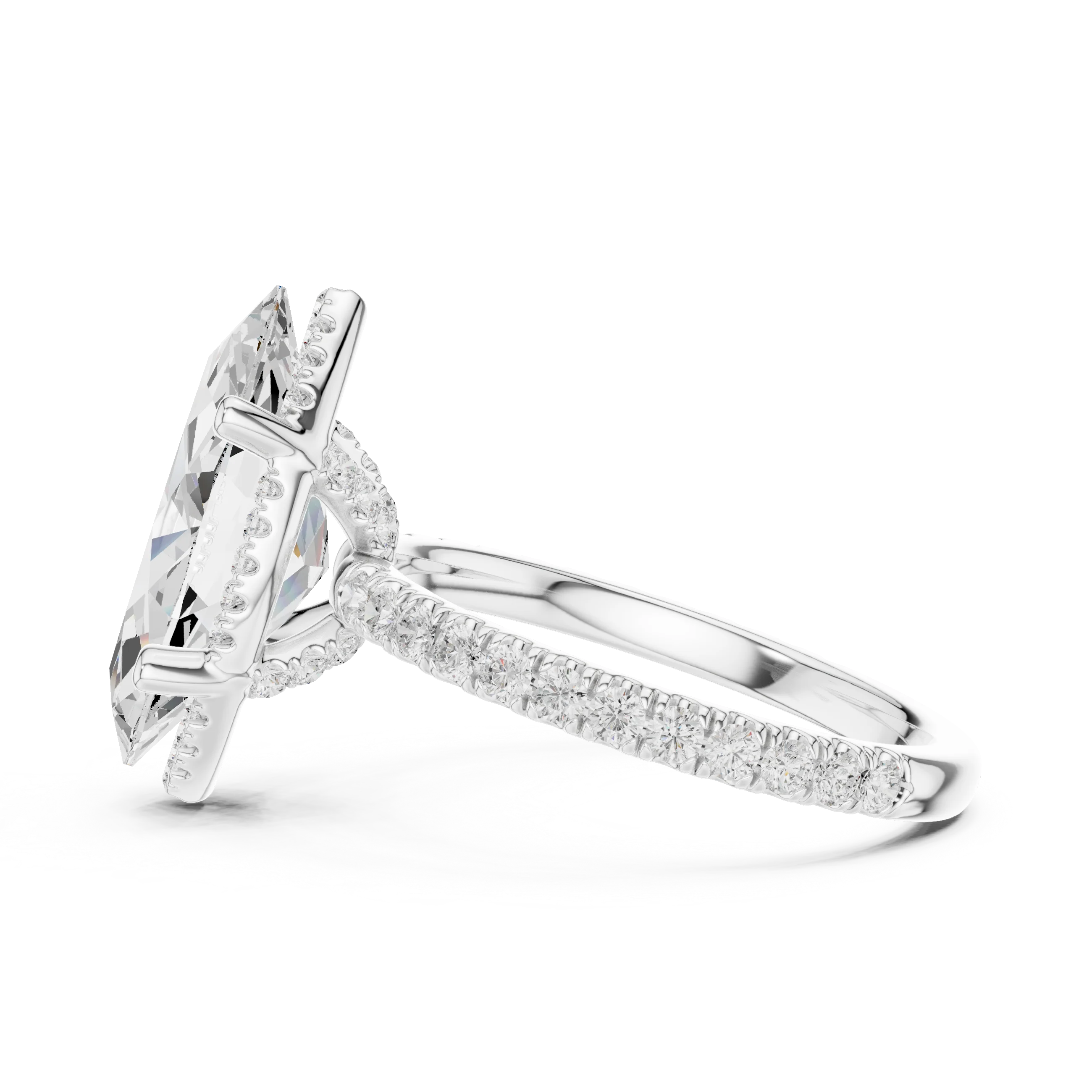 Side view of white gold marquise cut solitaire ring highlighting hidden halo and thin pavé band design