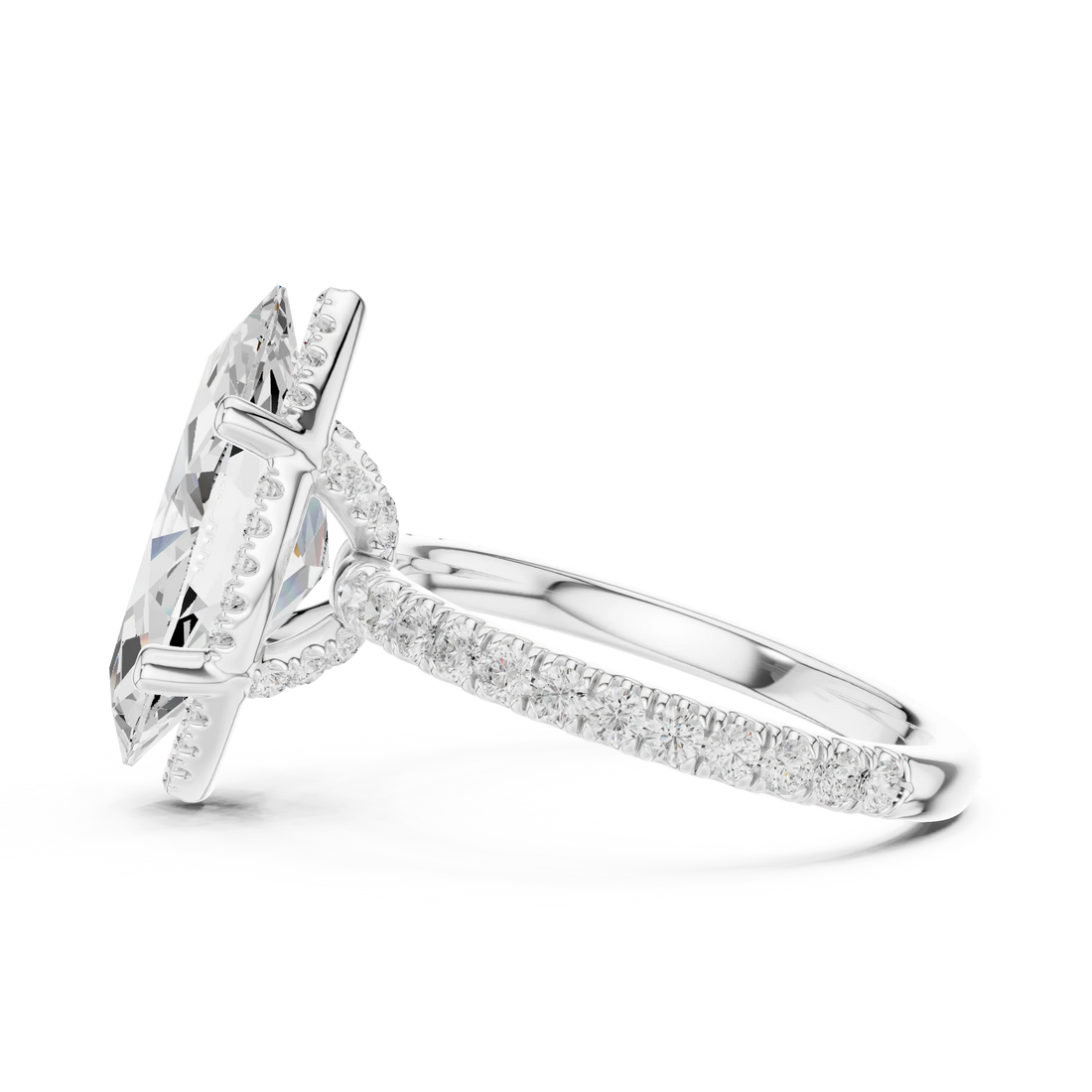 Side view of white gold marquise cut solitaire ring highlighting hidden halo and thin pavé band design