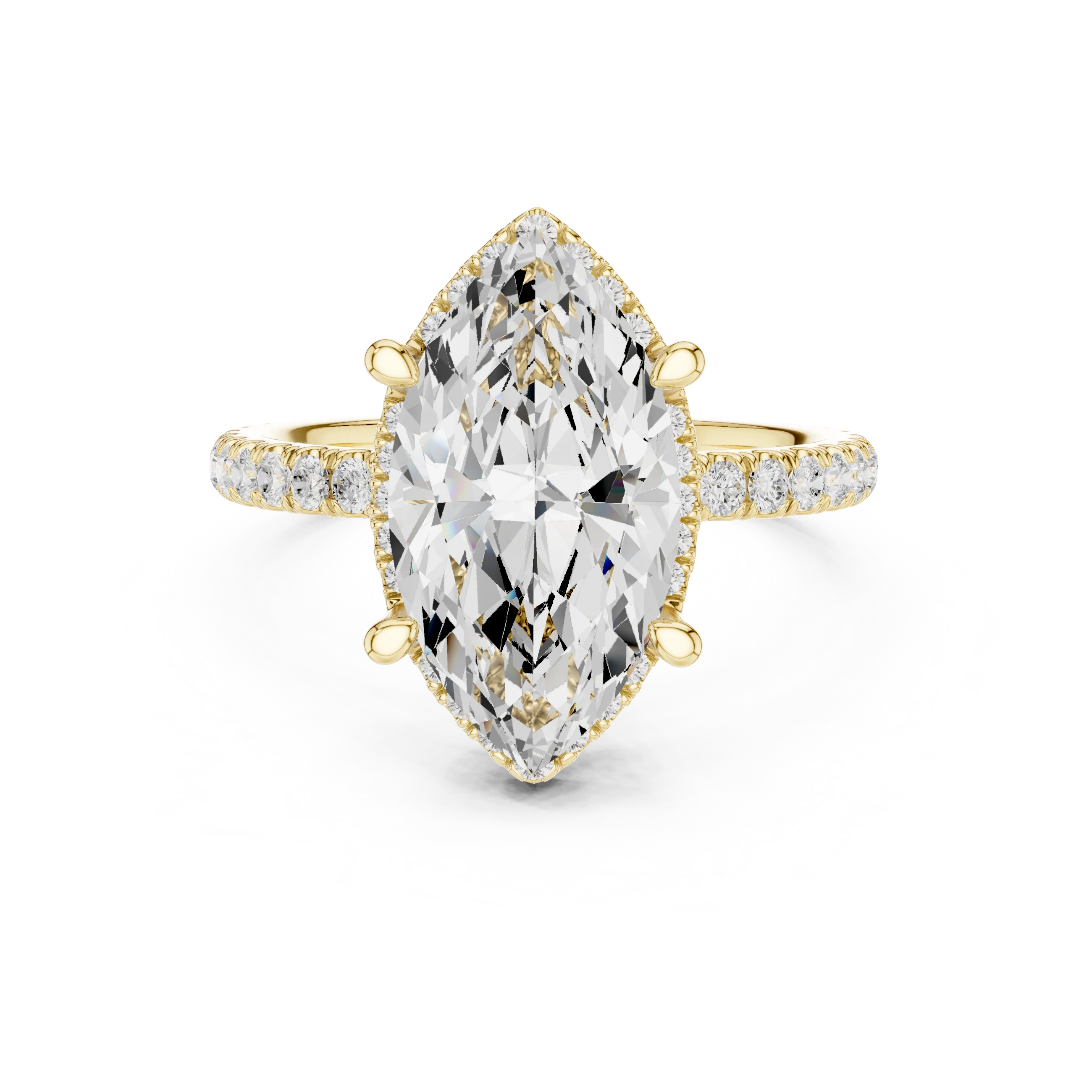 Yellow gold marquise cut solitaire ring with hidden halo and thin pavé band featuring lab-grown diamond, classic style
