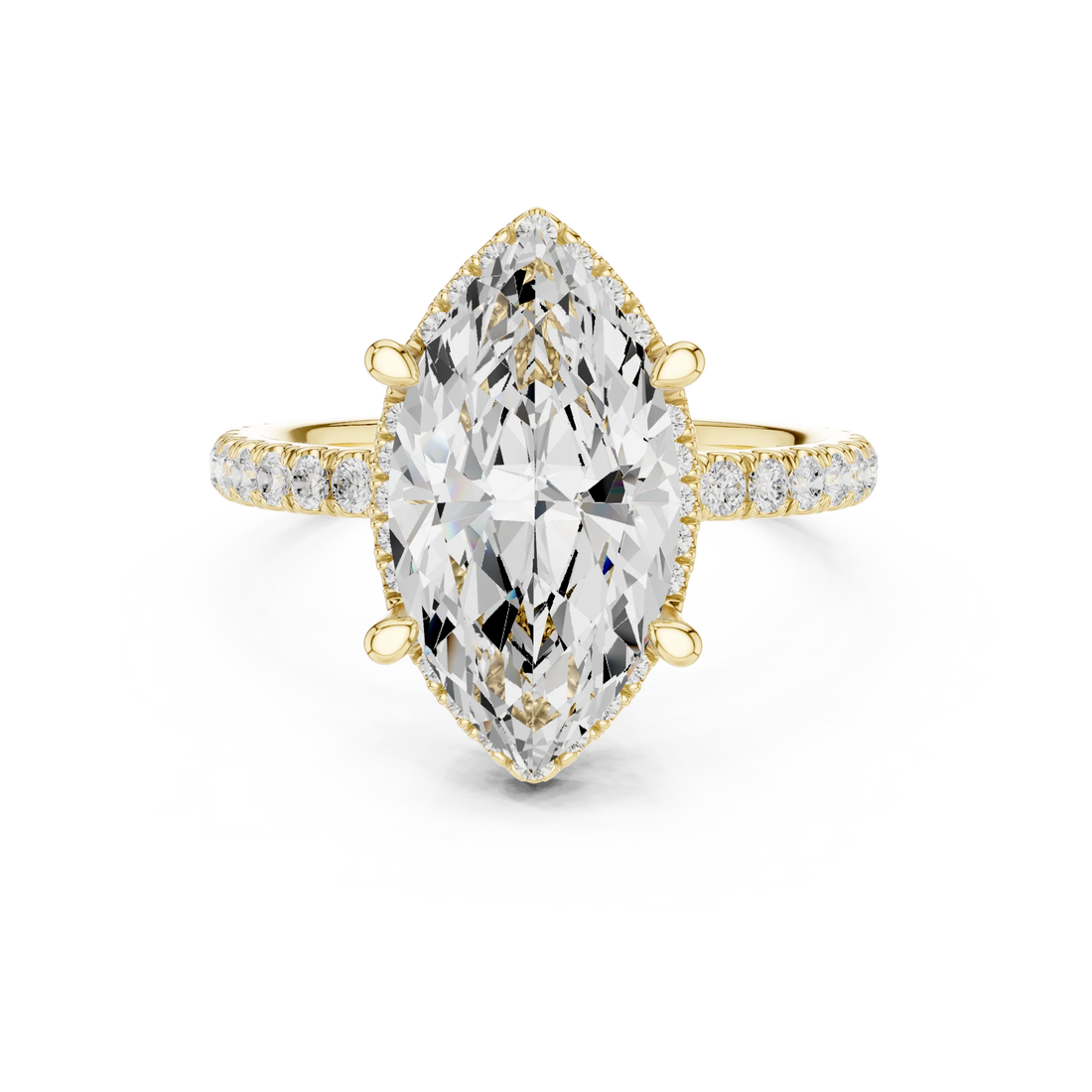 Yellow gold marquise cut solitaire ring with hidden halo and thin pavé band featuring lab-grown diamond, classic style