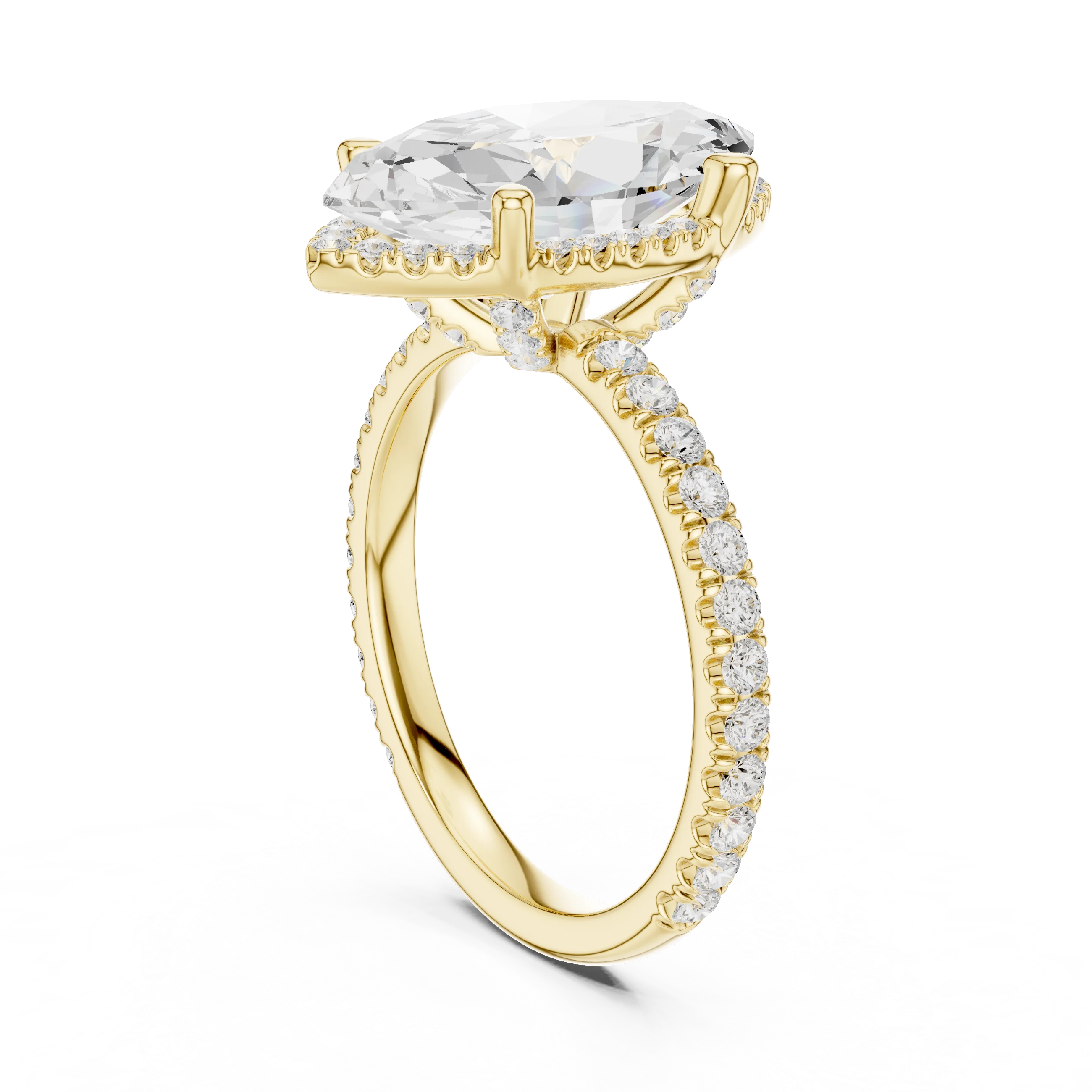 Back side view of yellow gold marquise cut solitaire ring showing hidden halo and thin pavé band details