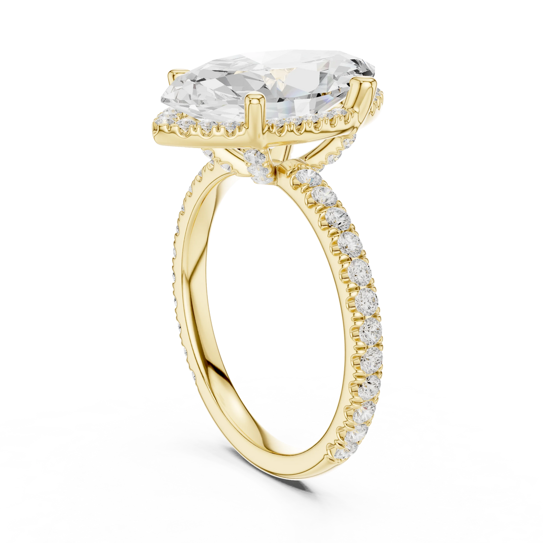 Back side view of yellow gold marquise cut solitaire ring showing hidden halo and thin pavé band details