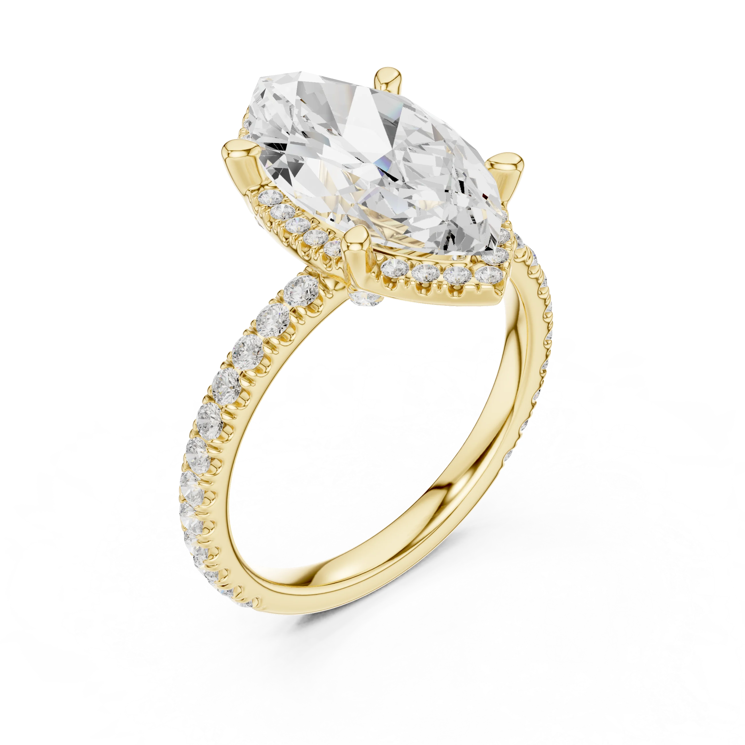 Front view of yellow gold marquise cut solitaire ring with hidden halo and thin pavé diamond band and lab-created diamond