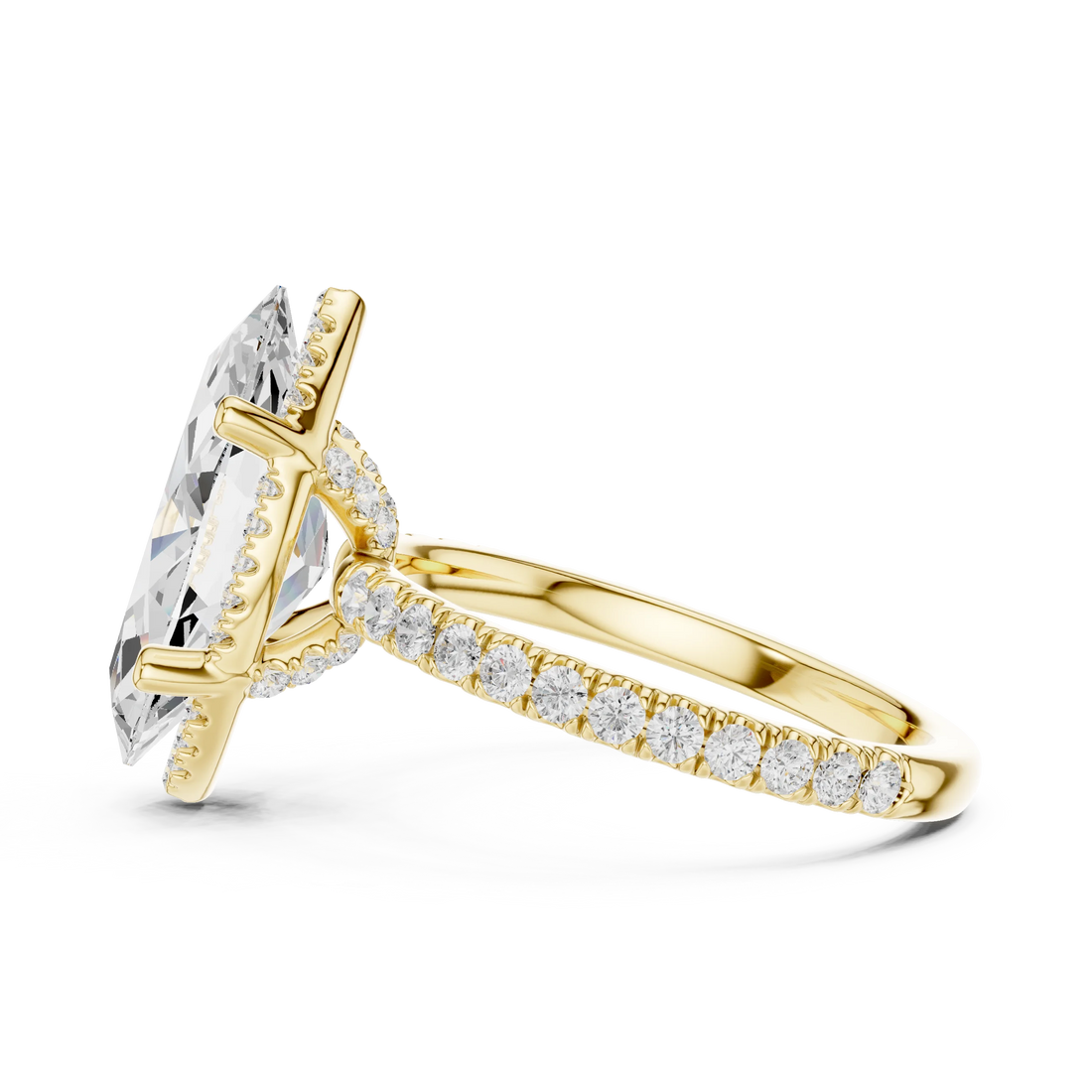 Side view of yellow gold marquise cut solitaire ring highlighting hidden halo and thin pavé band design
