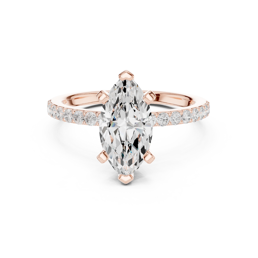 Lab-grown marquise solitaire diamond ring in rose gold with thin pavé band