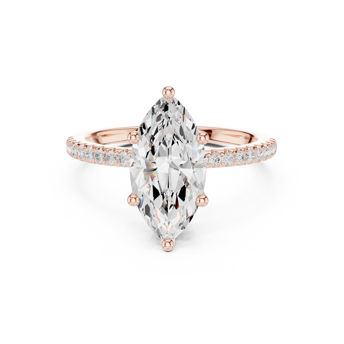 Rose gold marquise cut solitaire ring with thin pave band and lab-grown diamond, modern delicate look
