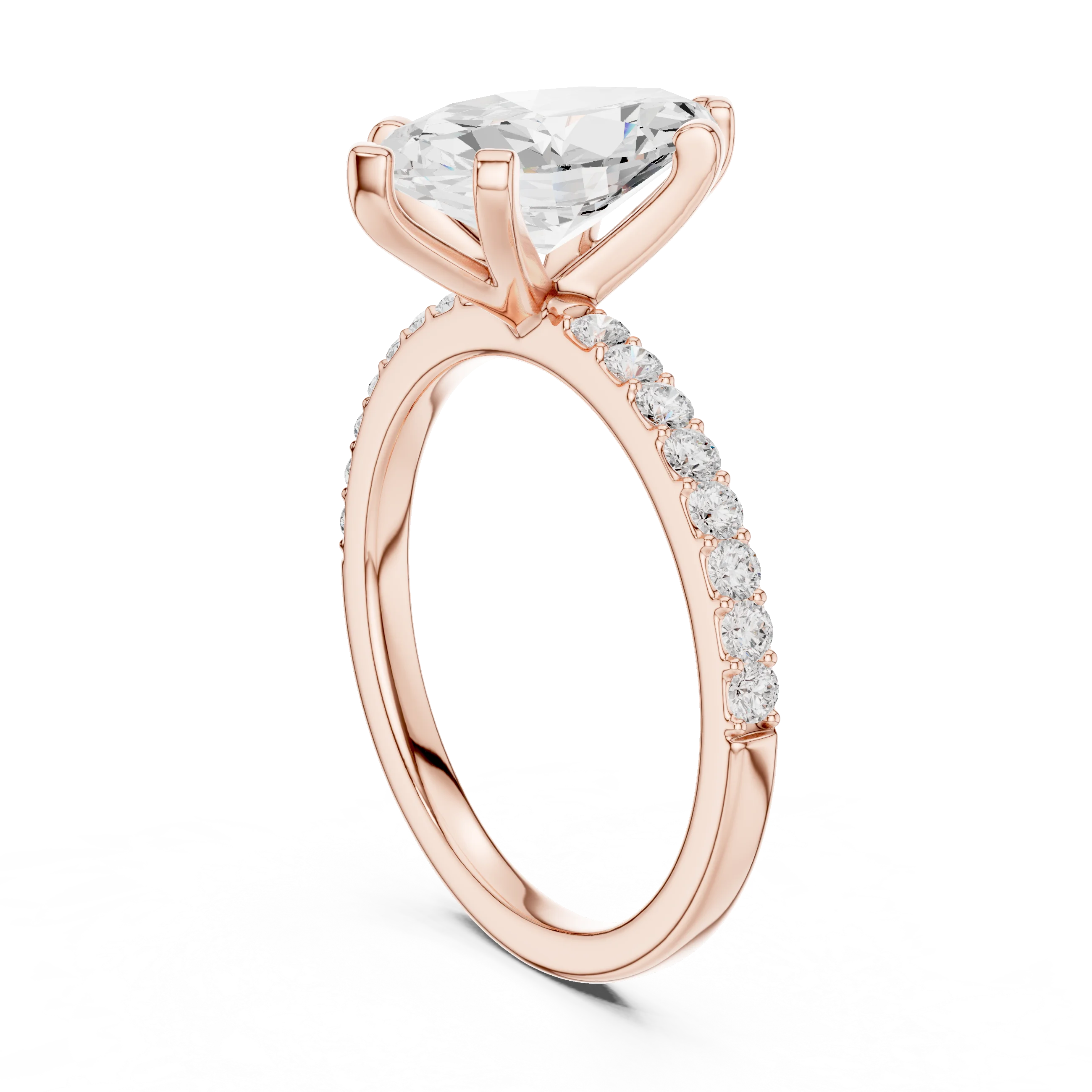 Back side view of rose gold marquise solitaire ring showing thin pavé band and setting details