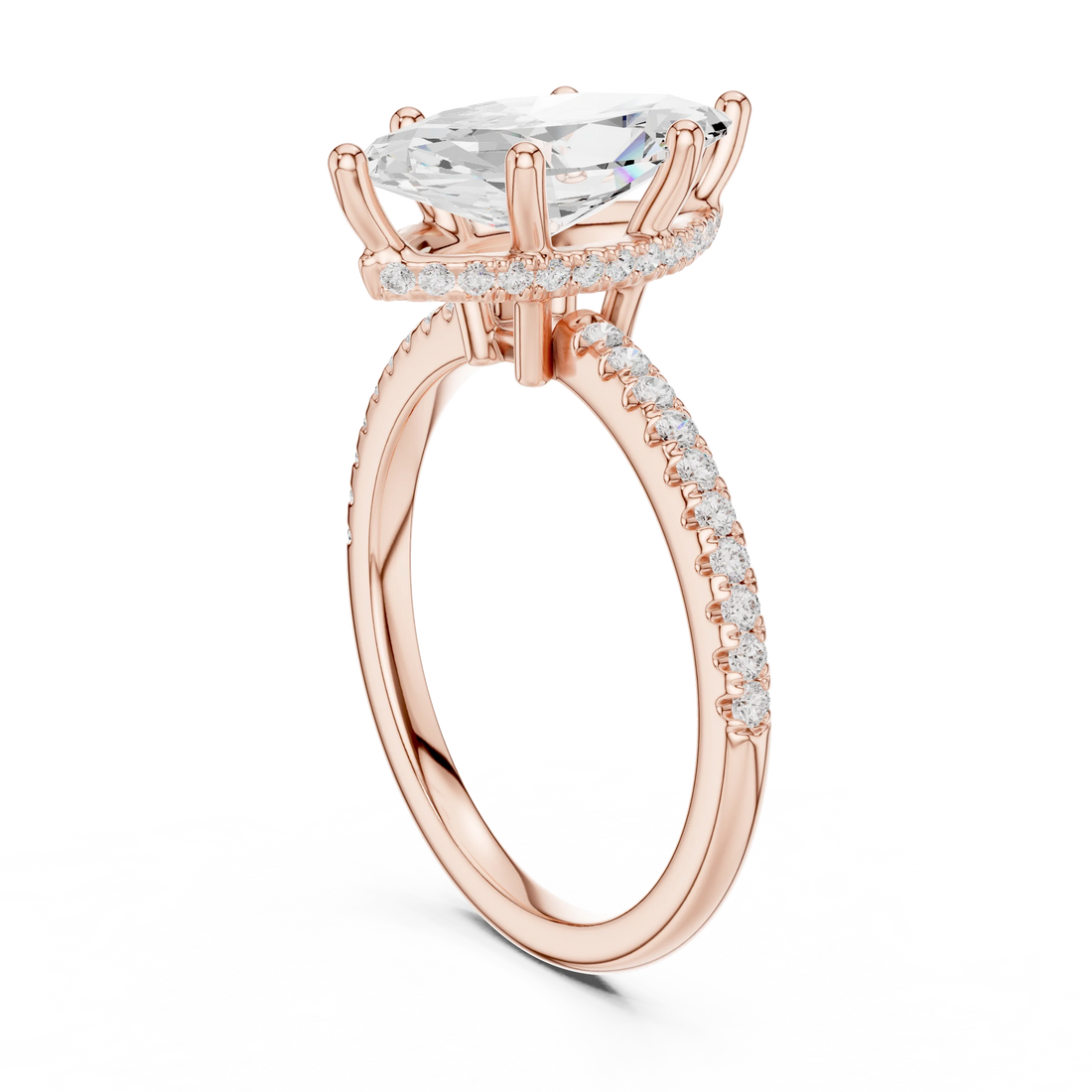 Back side view of rose gold marquise cut solitaire ring showing thin pave band and setting structure