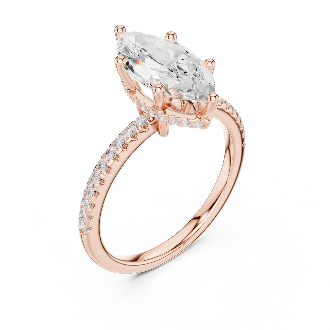 Front view of rose gold marquise cut solitaire ring with thin pave band and lab-created diamond