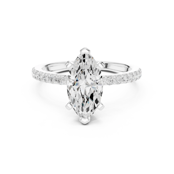 Lab-grown marquise solitaire diamond ring in white gold with thin pavé band