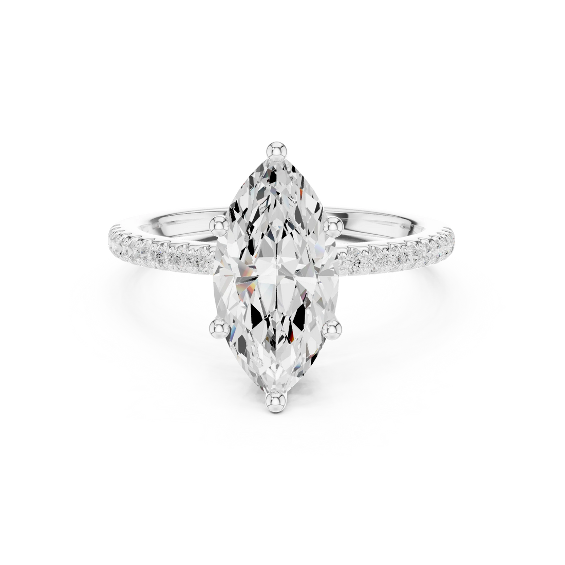 White gold marquise cut solitaire ring with thin pave band and lab-grown diamond, delicate design