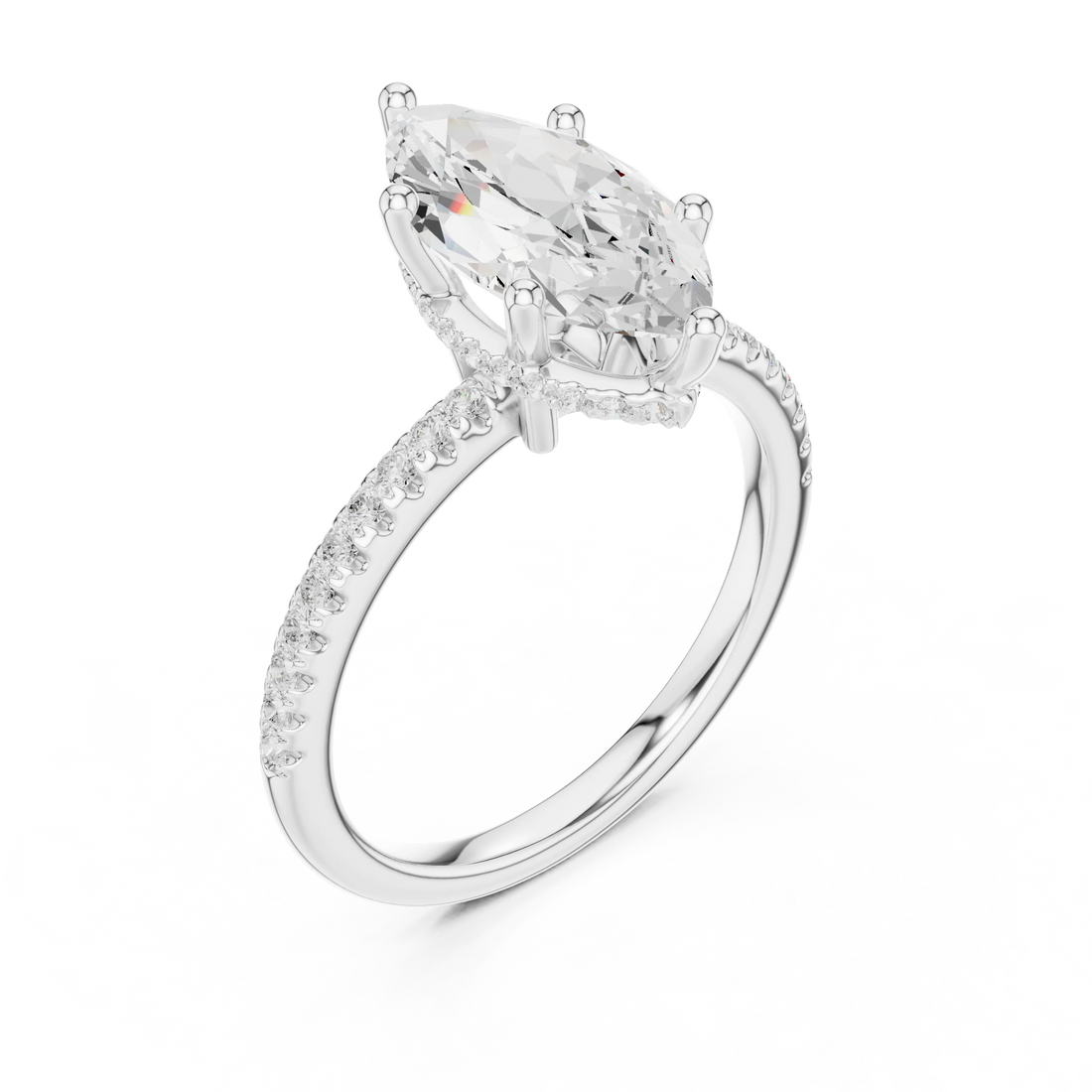 Front view of white gold marquise cut solitaire ring with thin pave band and lab-created diamond