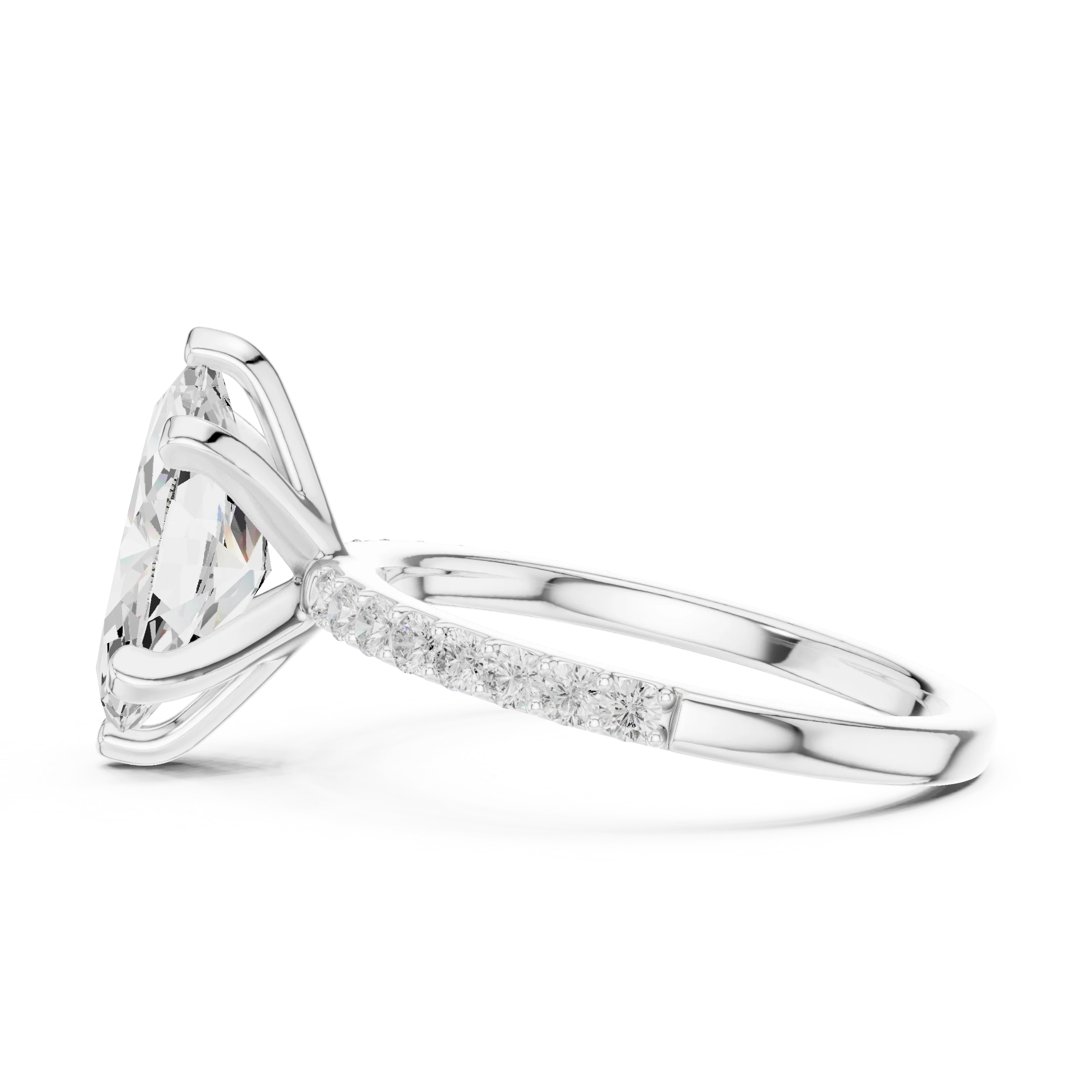 Side view of white gold marquise solitaire ring with thin pavé band and elevated setting