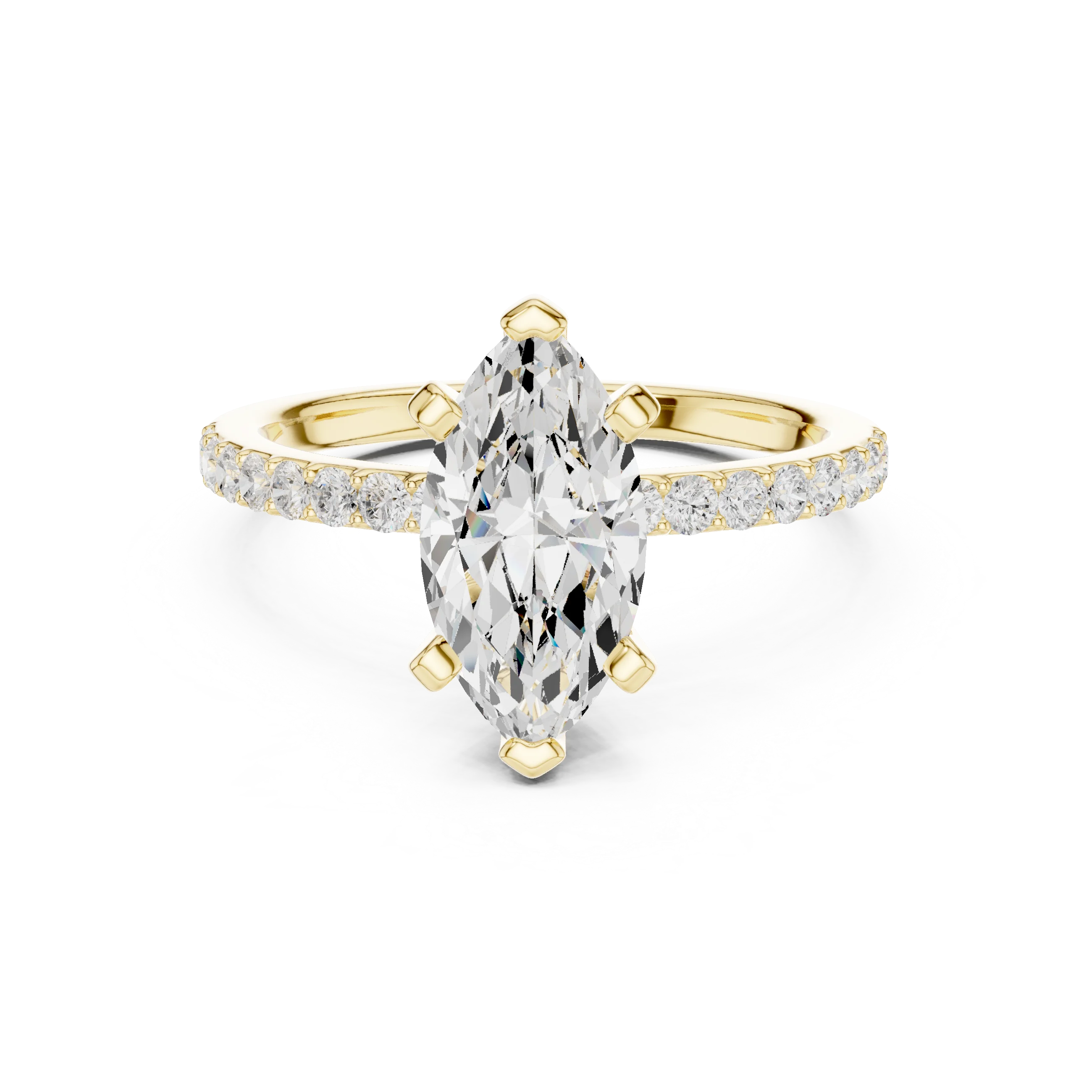 Lab-grown marquise solitaire diamond ring in yellow gold with thin pavé band