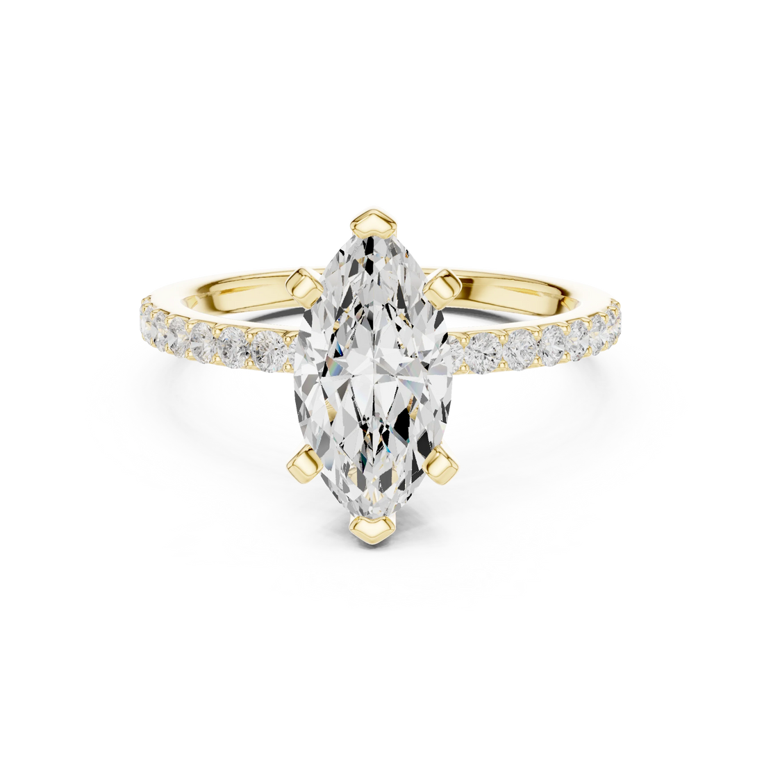Lab-grown marquise solitaire diamond ring in yellow gold with thin pavé band