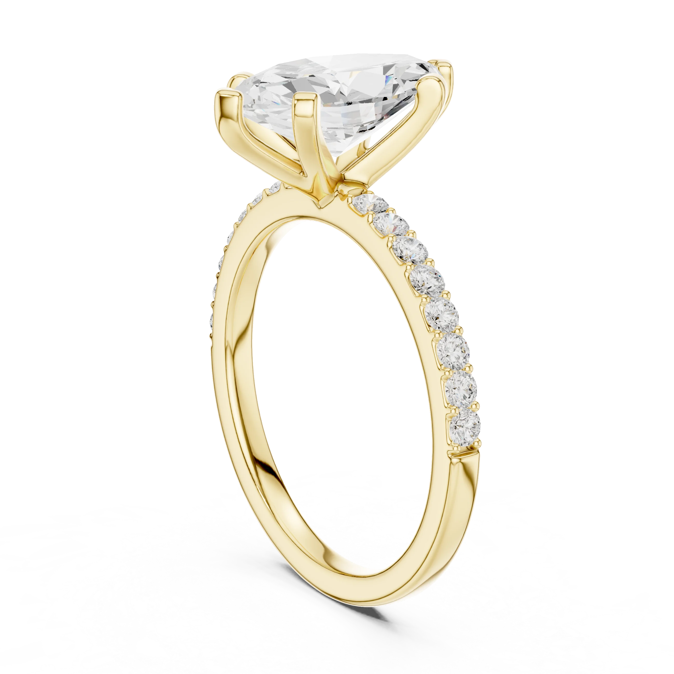 Back side view of yellow gold marquise solitaire ring showing thin pavé band and setting structure