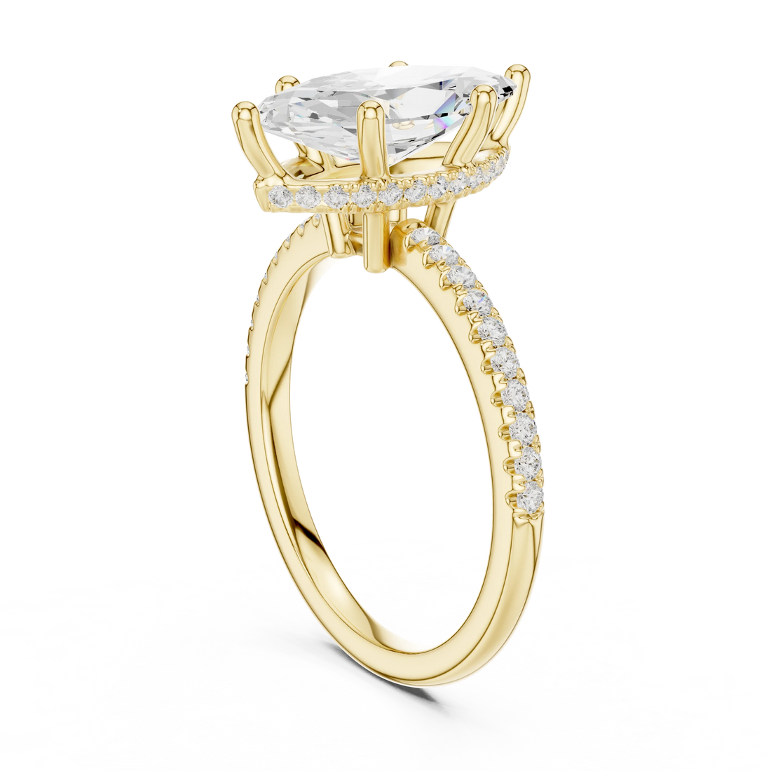 Back side view of yellow gold marquise cut solitaire ring showing thin pave band and mounting details