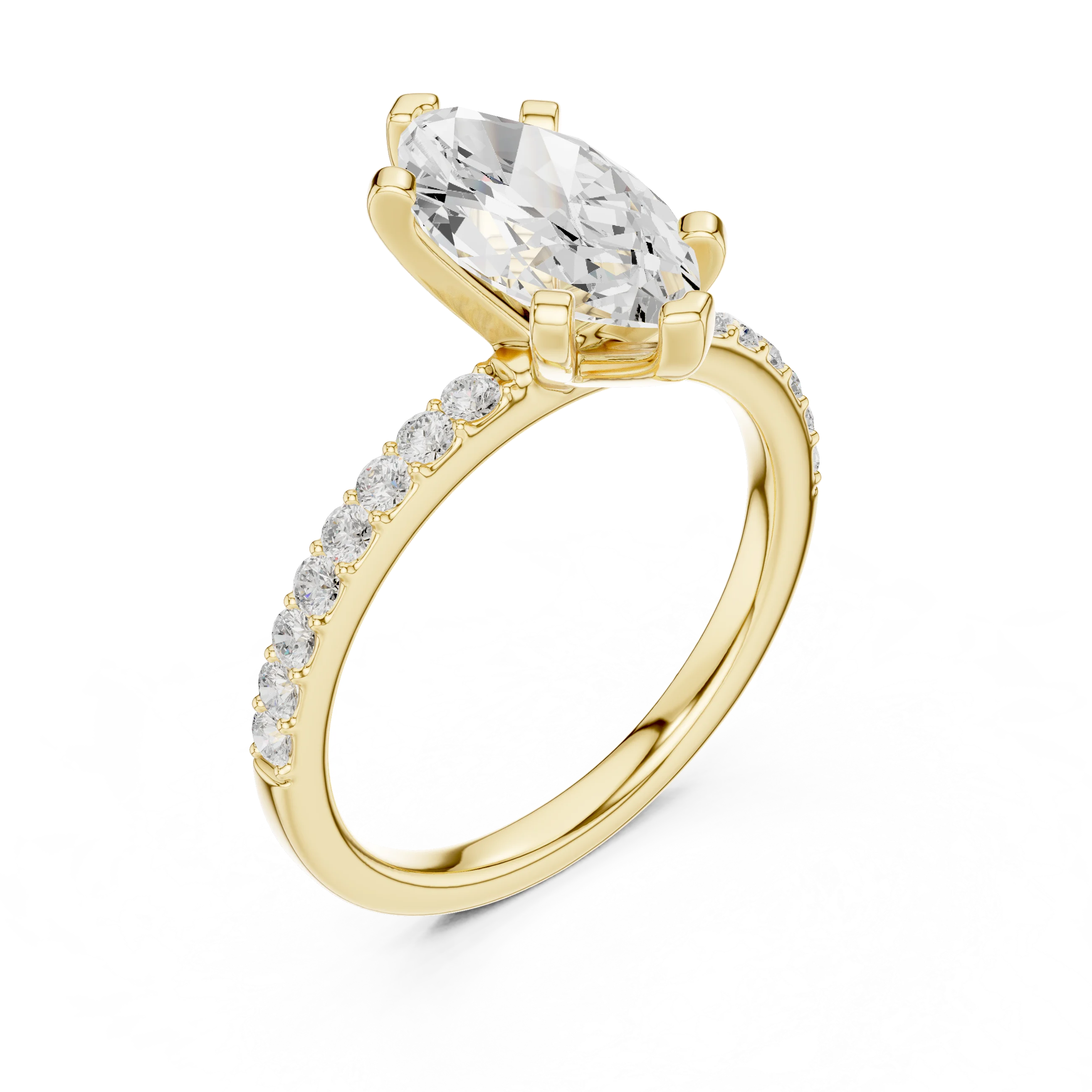 Front view of yellow gold marquise solitaire ring with thin pavé band and center diamond