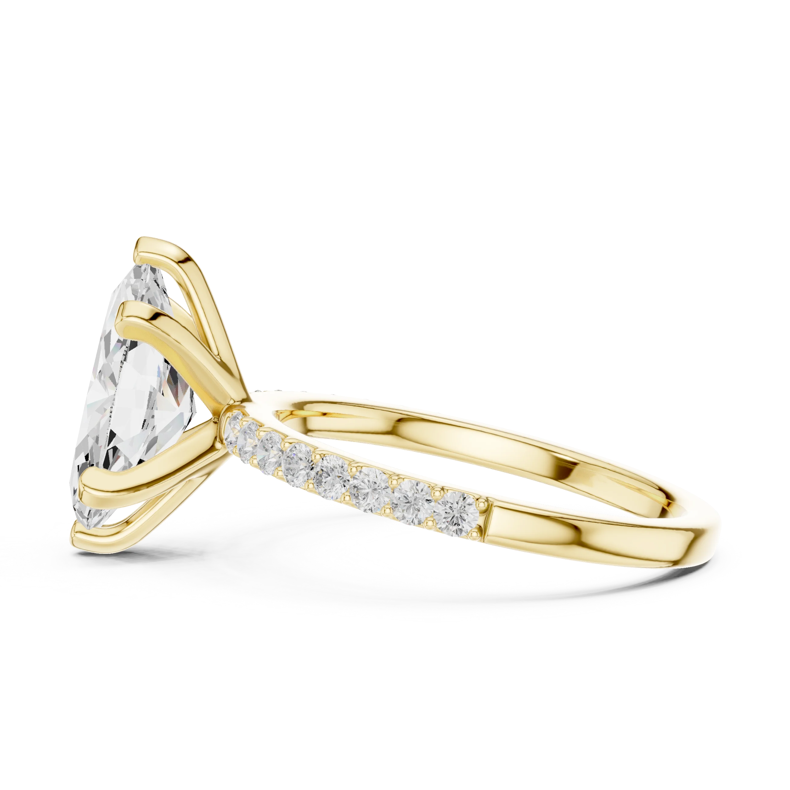 Side view of yellow gold marquise solitaire ring with thin pavé band and elevated setting