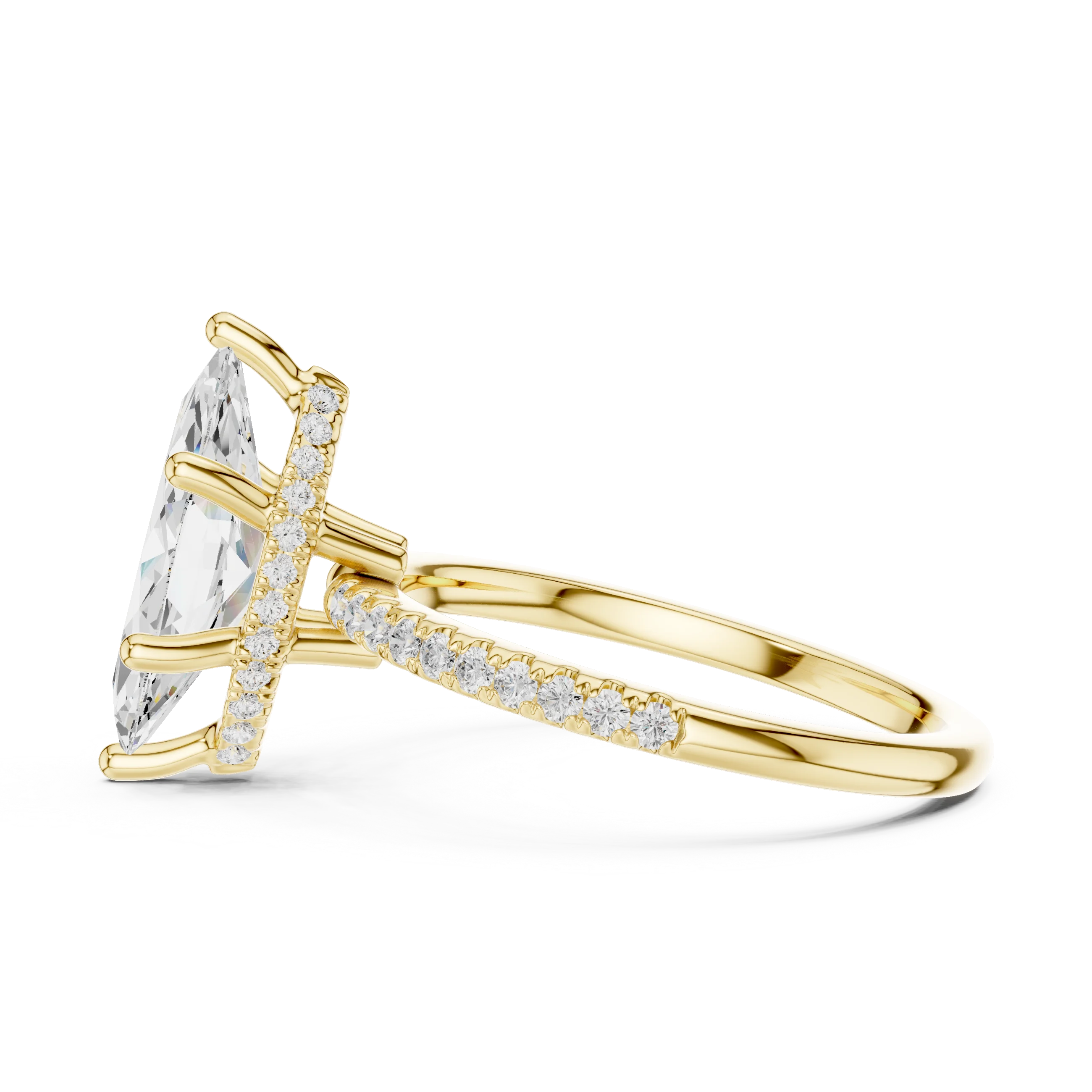 Side view of yellow gold marquise cut solitaire ring highlighting thin pave band and gemstone setting