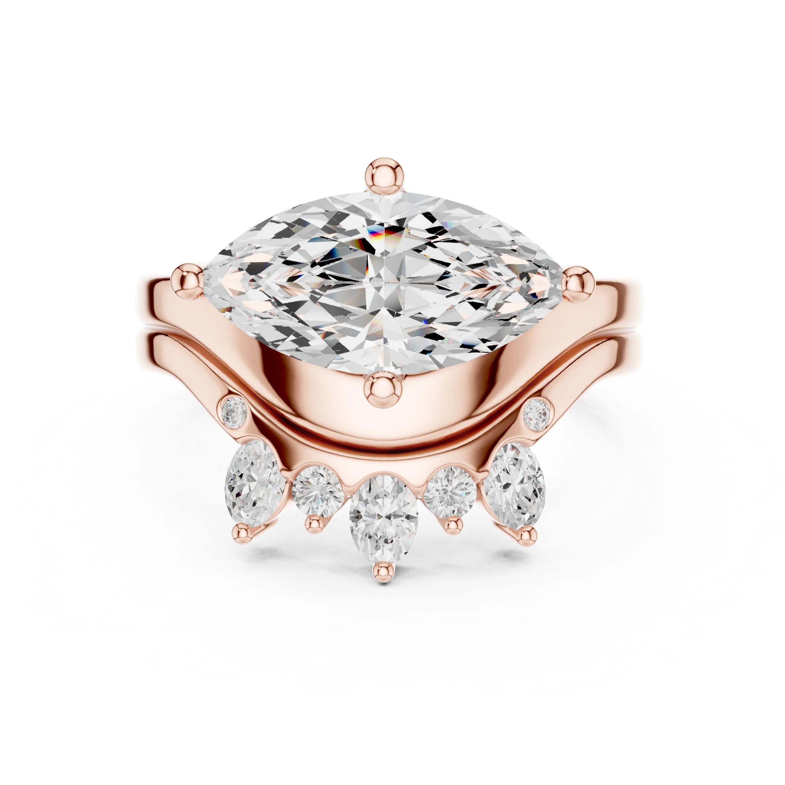 Front view of rose gold marquise solitaire ring with crown tiara wedding band and lab-grown diamond