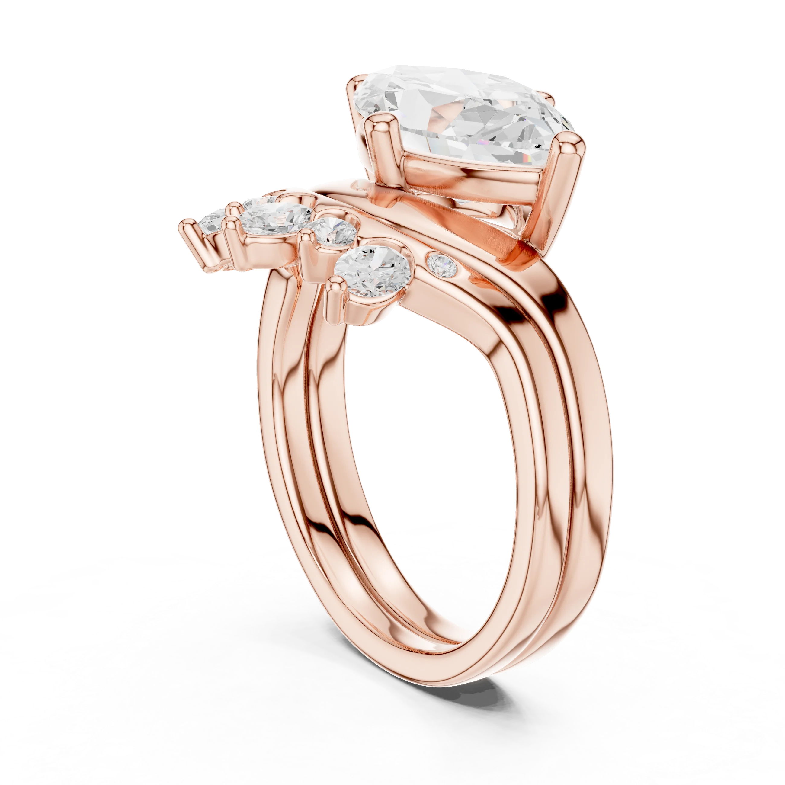 Side view of rose gold marquise solitaire ring with crown tiara band highlighting setting and profile