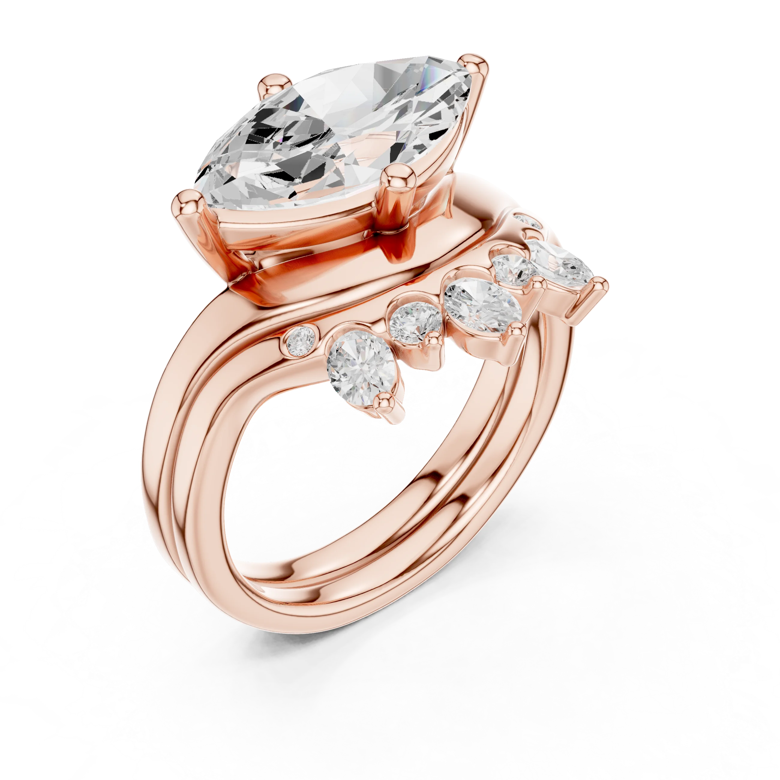 Back view of rose gold marquise solitaire ring set with tiara band and lab-grown diamond