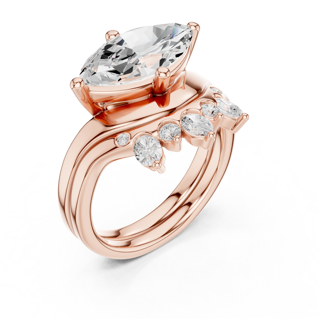 Back view of rose gold marquise solitaire ring set with tiara band and lab-grown diamond