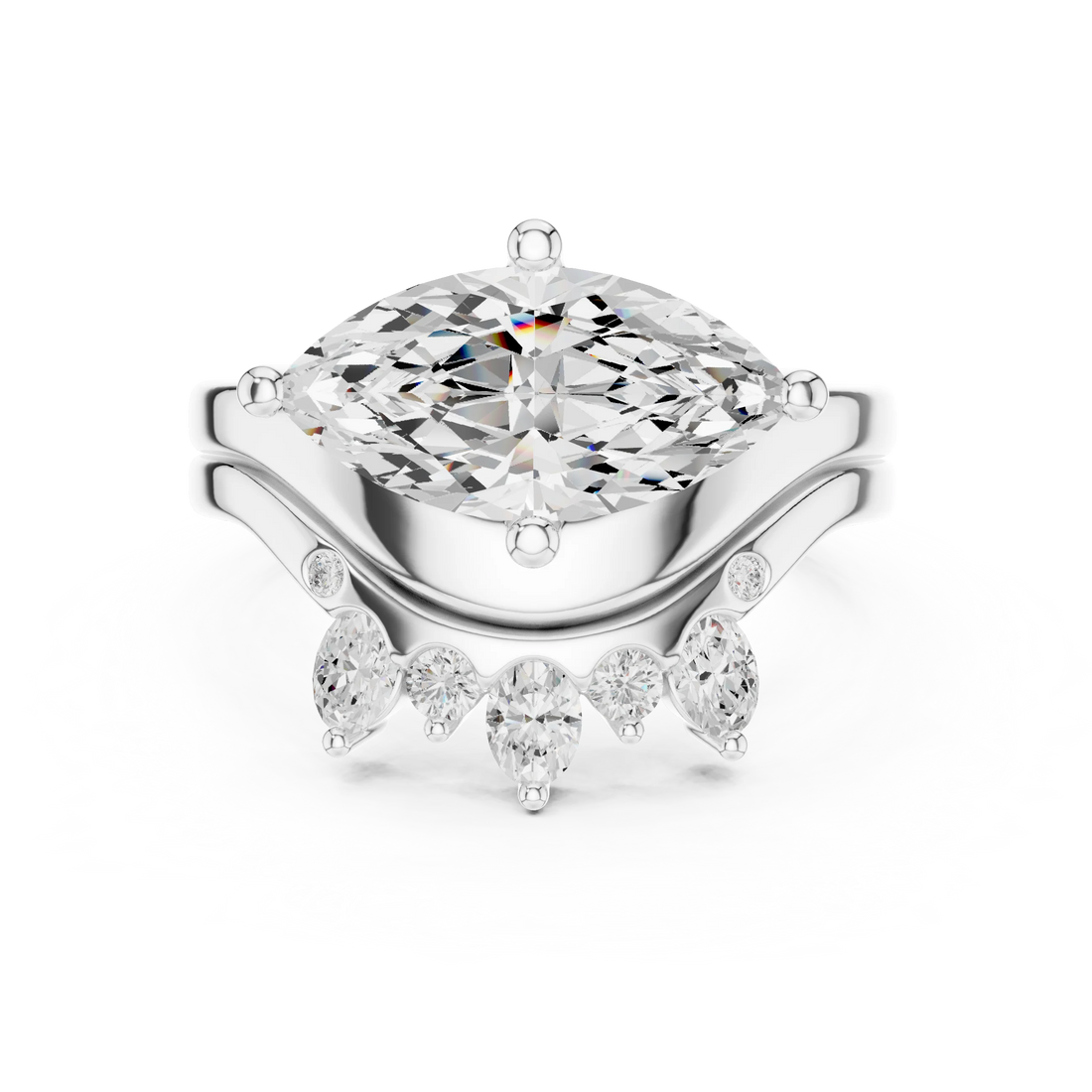 Marquise solitaire ring with matching crown tiara wedding band in white gold featuring lab-grown diamond, elegant bridal set, Australia collection