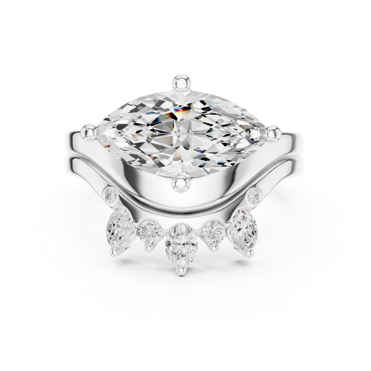 Marquise solitaire ring with matching crown tiara wedding band in white gold featuring lab-grown diamond, elegant bridal set, Australia collection