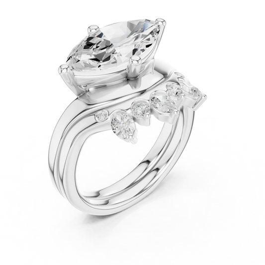Front view of white gold marquise solitaire ring with crown tiara wedding band and lab-grown diamond