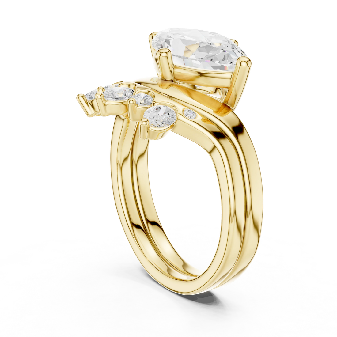 Side view of yellow gold marquise solitaire ring with crown tiara band highlighting elegant structure