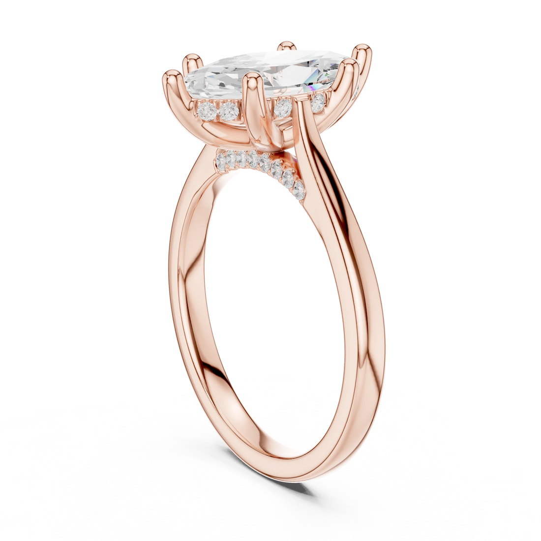 Back view of rose gold marquise solitaire ring with plain domed band and lab-grown diamond – Australia