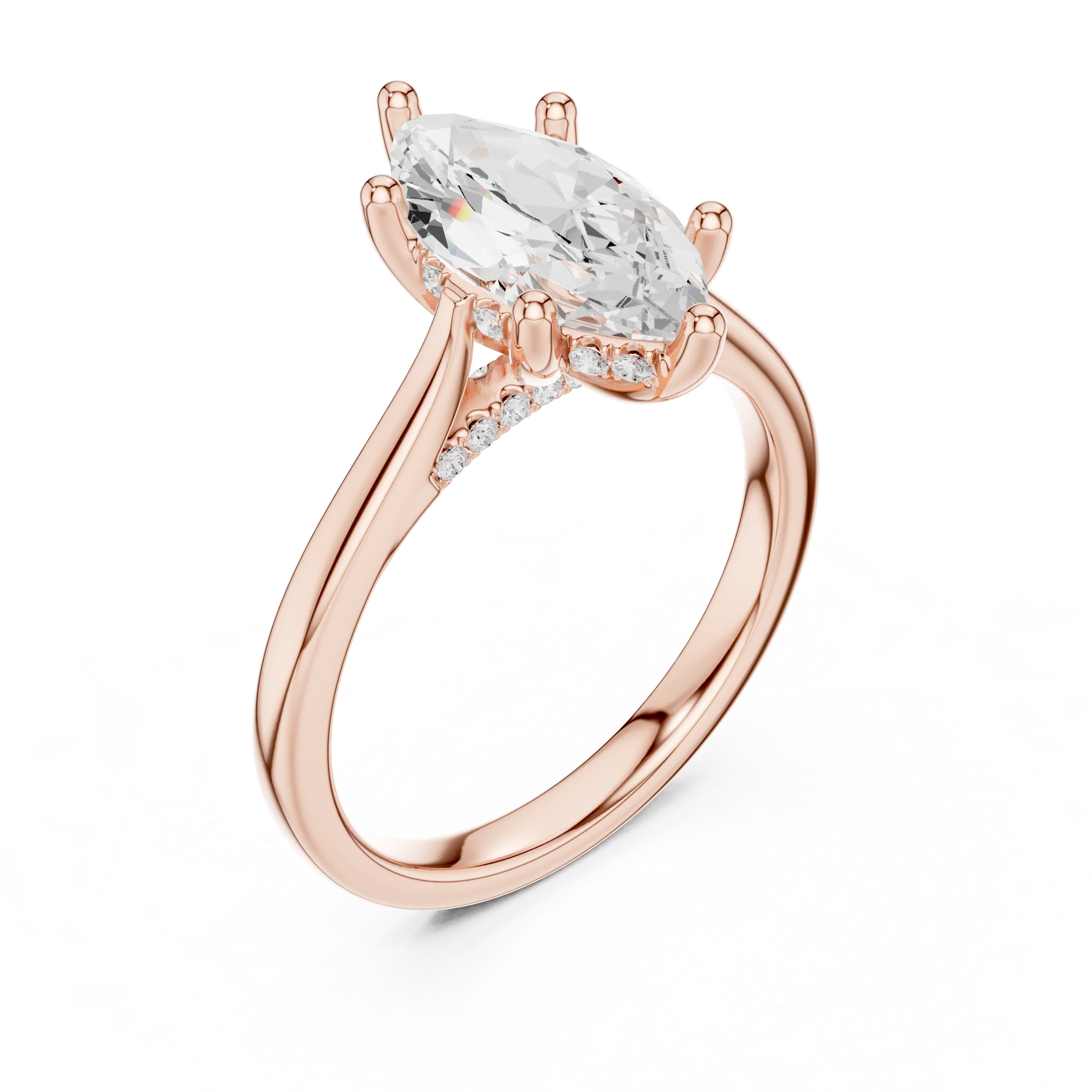 Front view of rose gold marquise solitaire ring with plain domed band and lab-grown diamond – Australia