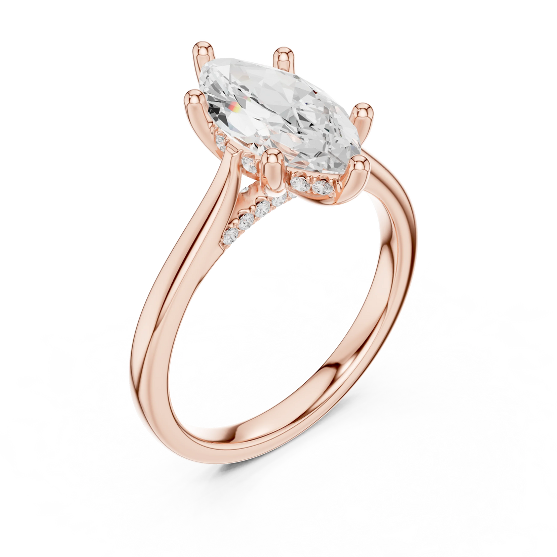 Front view of rose gold marquise solitaire ring with plain domed band and lab-grown diamond – Australia