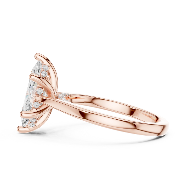 Side view of rose gold marquise solitaire ring with plain domed band and lab-grown diamond – Australia