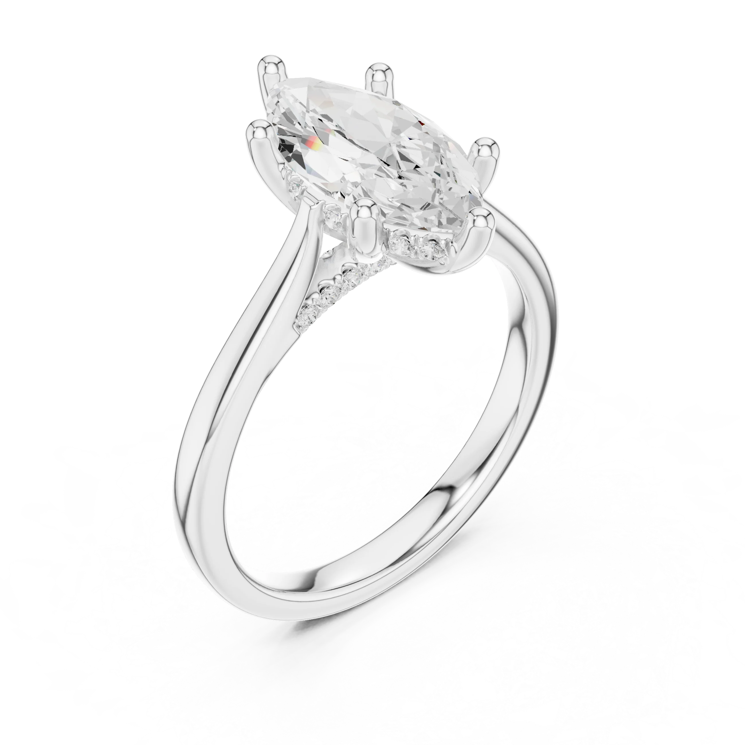 Front view of white gold marquise solitaire ring with plain domed band and lab-grown diamond – Australia