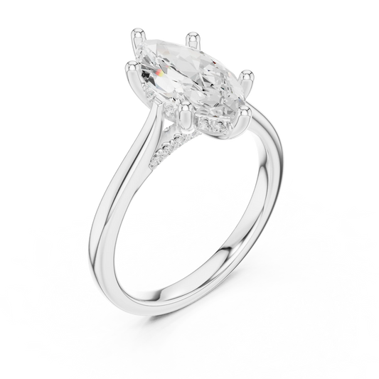 Front view of white gold marquise solitaire ring with plain domed band and lab-grown diamond – Australia